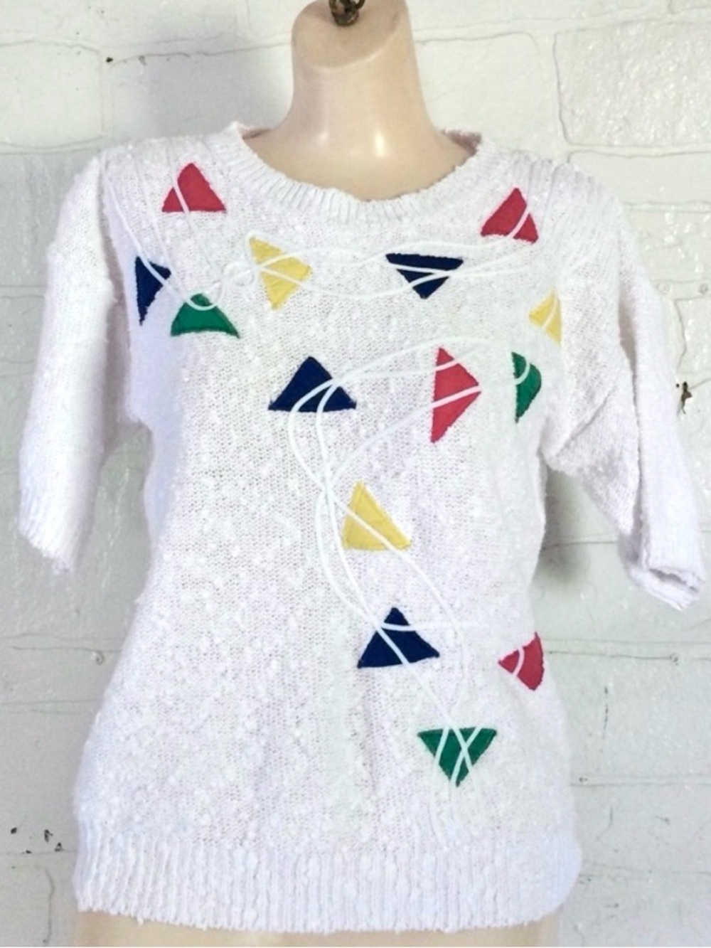 Vintage 80s Sweater Short Sleeve White Red Green